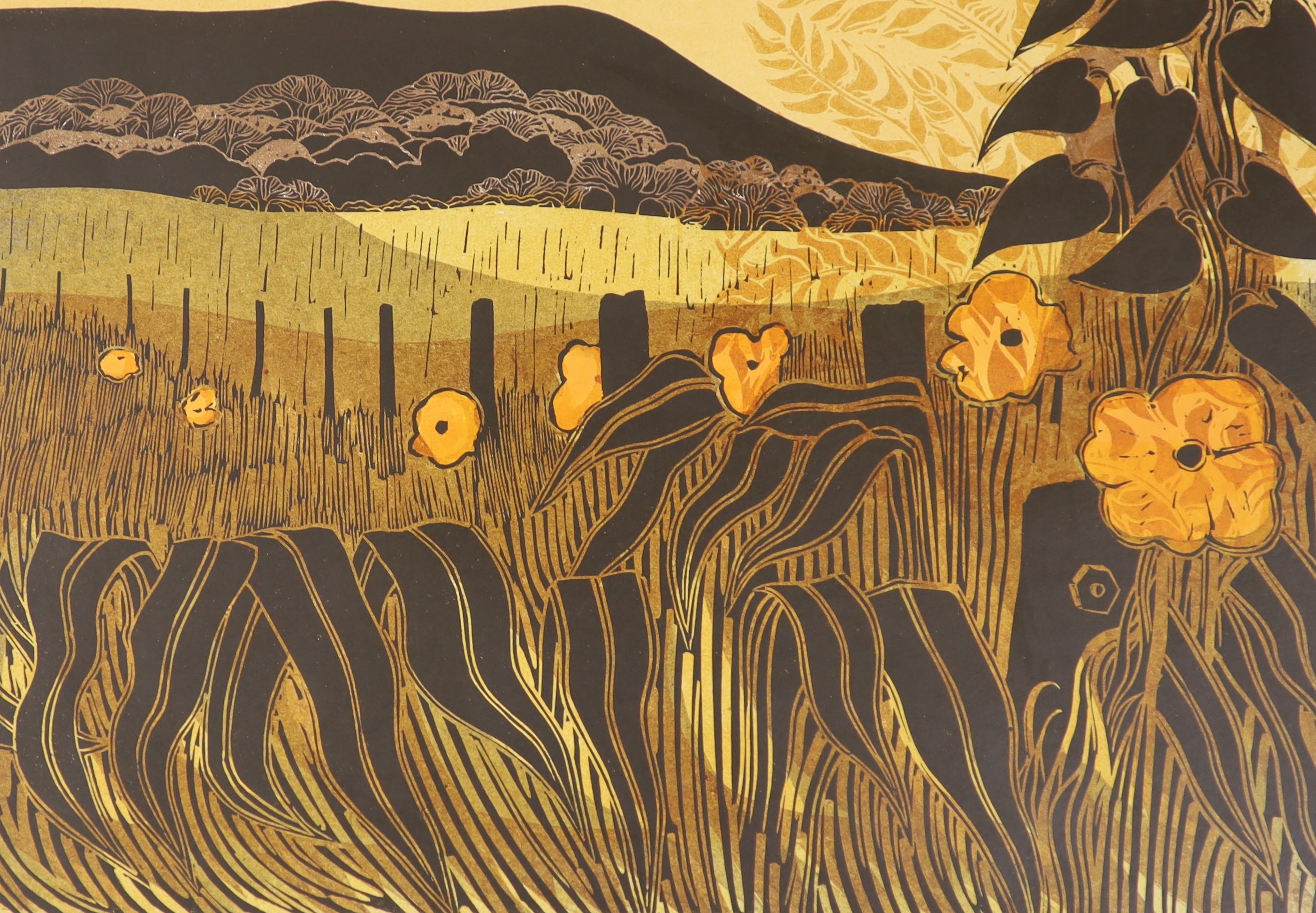 Robert Tavener (1920-2004), lino cut, 'Poppies and Downs', signed in pencil, 11/75, 41 x 56cm